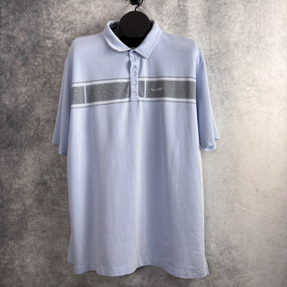 Travis Mathew Nemats Polo Shirt in Heather Placid‎ Blue Chest Stripe Size XXL